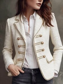 LUMIGAL Napoleon Style Gold Trim Tweed Patchwork Commuter Party Gathering Jacket Vintage Luxury Elegant Women's Overcoat - White - View 1