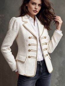 LUMIGAL Napoleon Style Gold Trim Tweed Patchwork Commuter Party Gathering Jacket Vintage Luxury Elegant Women's Overcoat - White - View 3