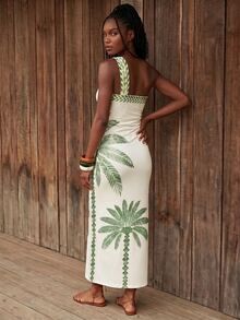 CAJUNI Women's Metal Flower Decor One Shoulder Palm Tree Print Dress - White - View 2
