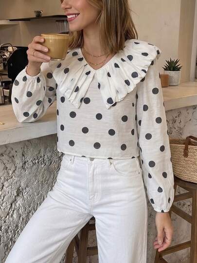 Serisse Women's Polka Dot Pleated Casual Daily Long Sleeve Shirt