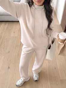 Solavon Women's Solid Color Hooded Long Sleeve Top And Pants Casual Daily Sports Set - Apricot - View 3
