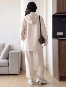 Solavon Women's Solid Color Hooded Long Sleeve Top And Pants Casual Daily Sports Set - Apricot - View 7
