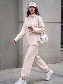 Solavon Women's Solid Color Hooded Long Sleeve Top And Pants Casual Daily Sports Set - Apricot - View 5