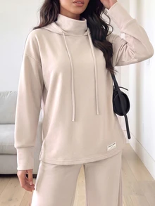 Solavon Women's Solid Color Hooded Long Sleeve Top And Pants Casual Daily Sports Set - Apricot - View 8