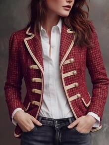 LUMIGAL Napoleon Style Gold Trim Tweed Patchwork Commuter Party Gathering Women's Overcoat - Burgundy - View 1