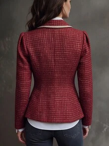 LUMIGAL Napoleon Style Gold Trim Tweed Patchwork Commuter Party Gathering Women's Overcoat - Burgundy - View 2