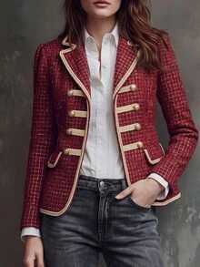 LUMIGAL Napoleon Style Gold Trim Tweed Patchwork Commuter Party Gathering Women's Overcoat - Burgundy - View 4