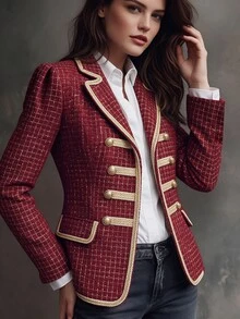 LUMIGAL Napoleon Style Gold Trim Tweed Patchwork Commuter Party Gathering Women's Overcoat - Burgundy - View 5