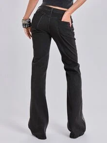 ROMWE All-Season Street Casual Optical Illusion Print Y2K Fitted Straight Leg Flared Bootcut Jeans - Black - View 7