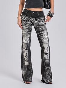 ROMWE All-Season Street Casual Optical Illusion Print Y2K Fitted Straight Leg Flared Bootcut Jeans - Black - View 4