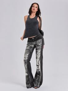 ROMWE All-Season Street Casual Optical Illusion Print Y2K Fitted Straight Leg Flared Bootcut Jeans - Black - View 3