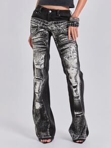 ROMWE All-Season Street Casual Optical Illusion Print Y2K Fitted Straight Leg Flared Bootcut Jeans - Black - View 5