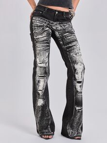 ROMWE All-Season Street Casual Optical Illusion Print Y2K Fitted Straight Leg Flared Bootcut Jeans - Black - View 1