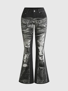 ROMWE All-Season Street Casual Optical Illusion Print Y2K Fitted Straight Leg Flared Bootcut Jeans - Black - View 8