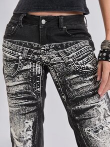 ROMWE All-Season Street Casual Optical Illusion Print Y2K Fitted Straight Leg Flared Bootcut Jeans - Black - View 2