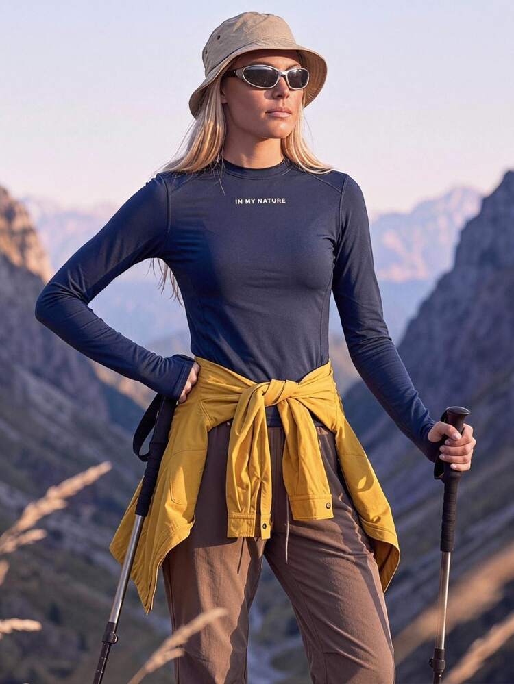 In My Nature 女款標語印花圓領長袖登山運動上衣，海軍藍戶外露營徒步運動服，適合秋冬 - 藏蓝色 - 查看 7