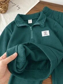 SHEIN Little Byeori 兒童 2件組小男孩休閒套裝－立領套頭連帽衛衣與保暖內裡秋季長褲，適合冬季、學校、返校季，舒適套裝 - 綠色 - 查看 7