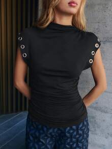 Nöista Black Ruched Mock Neck Top With Eyelet Detail For Party And Going Out Looks - Black - View 4