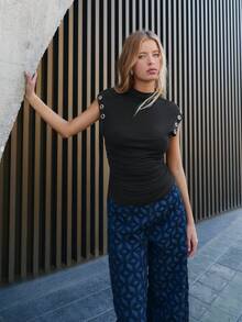 Nöista Black Ruched Mock Neck Top With Eyelet Detail For Party And Going Out Looks - Black - View 1