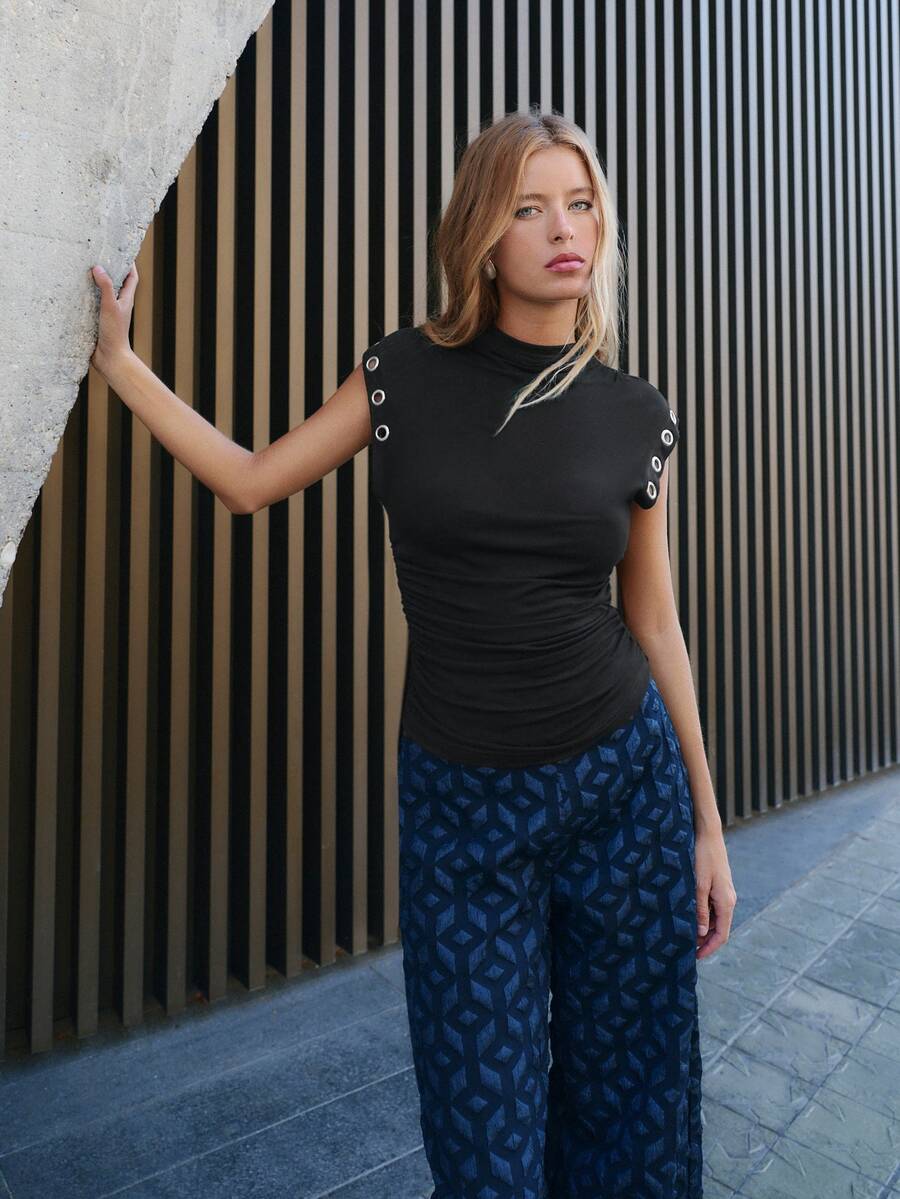 Nöista Black Ruched Mock Neck Top With Eyelet Detail For Party And Going Out Looks - Black - View 1
