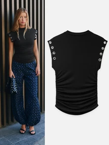 Nöista Black Ruched Mock Neck Top With Eyelet Detail For Party And Going Out Looks - Black - View 3