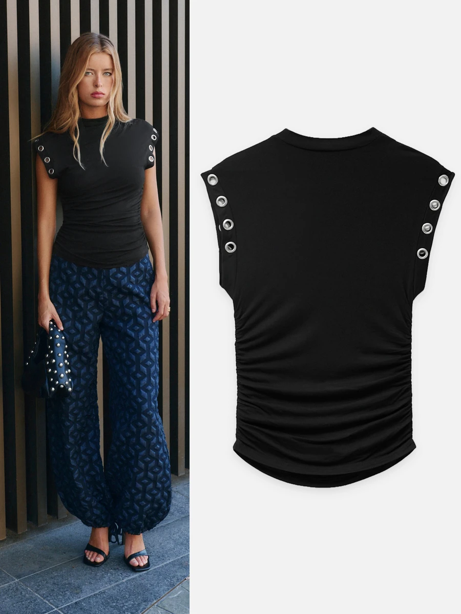 Nöista Black Ruched Mock Neck Top With Eyelet Detail For Party And Going Out Looks - Black - View 1