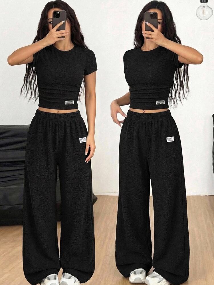 SHEIN Kids Teen Girl Black Knit Textured Short Sleeve T-Shirt And Long Pants 2pcs Set Casual Daily Fashion Versatile - Black - View 1