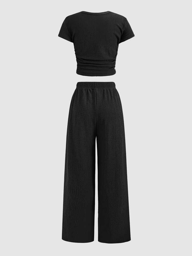 SHEIN Kids Teen Girl Black Knit Textured Short Sleeve T-Shirt And Long Pants 2pcs Set Casual Daily Fashion Versatile - Black - View 5
