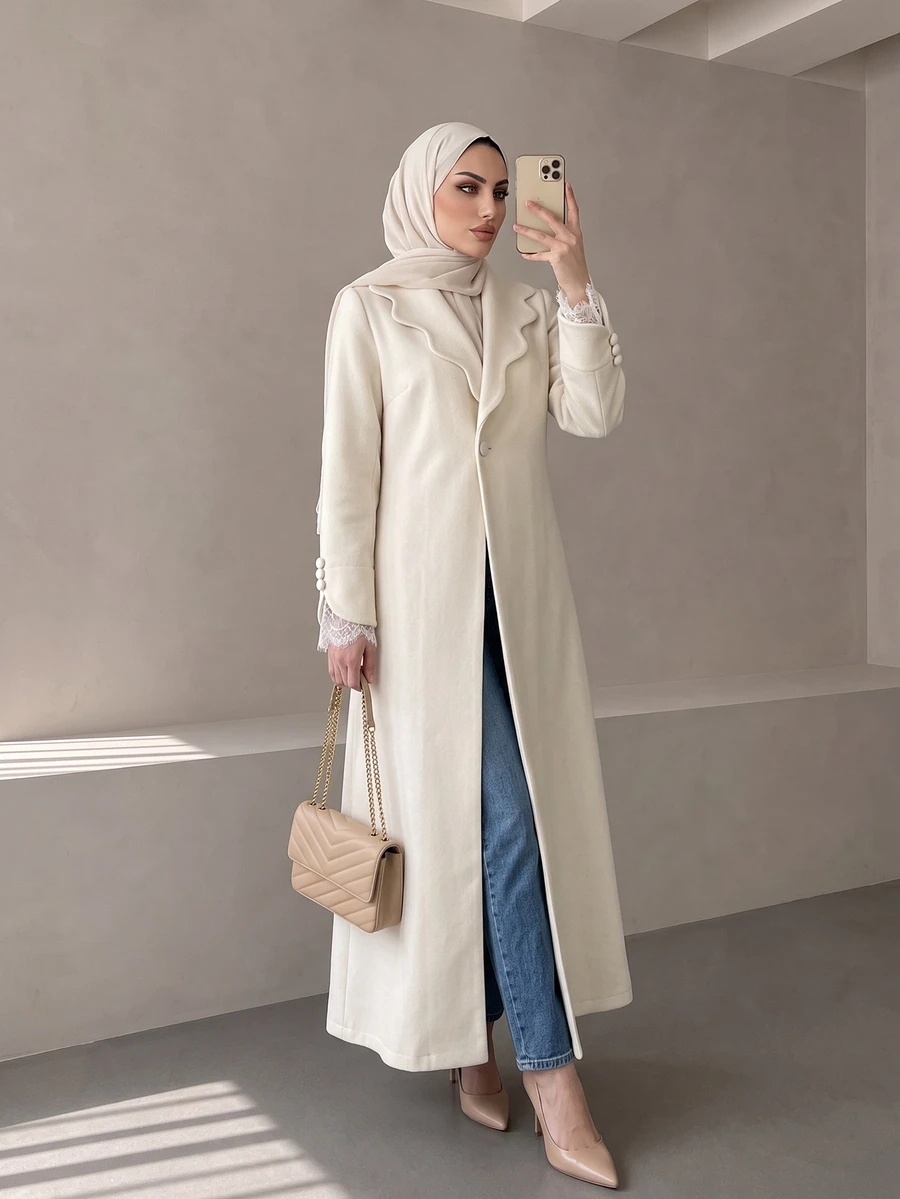 Celisse Women's Elegant Lace Patchwork Button Overcoat - Beige - View 1