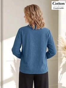 Miaspire Elegant Business Casual, Pearl Button Up, Social Blouse, Comfortable Cotton, Blue, V-Neck Long Sleeve, Office Work Wear, 2026 Fall Winter - Dusty Blue - View 2