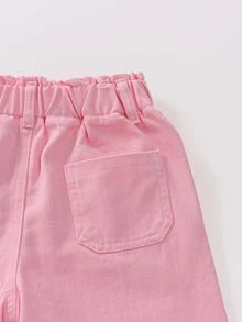 SHEIN Genkimix Kids 女童牛仔長褲 夏季新款 休閒牛仔 西部風 淺藍水洗 鬆緊腰 寬腿 寬鬆版型 優質棉布 上學度假穿著 - 淺粉色 - 查看 3