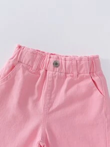 SHEIN Genkimix Kids 女童牛仔長褲 夏季新款 休閒牛仔 西部風 淺藍水洗 鬆緊腰 寬腿 寬鬆版型 優質棉布 上學度假穿著 - 淺粉色 - 查看 4