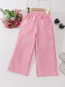 SHEIN Genkimix Kids 女童牛仔長褲 夏季新款 休閒牛仔 西部風 淺藍水洗 鬆緊腰 寬腿 寬鬆版型 優質棉布 上學度假穿著 - 淺粉色 - 查看 2