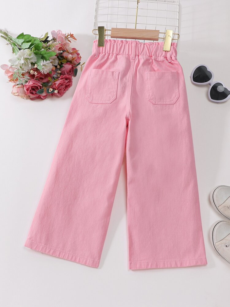 SHEIN Genkimix Kids Young Girl Denim Pants Summer New Casual Cowboy Western Baby Blue Washed Elastic Waist Wide Leg Loose Fit Premium Cotton Long For School Vacation - Baby Pink - View 2