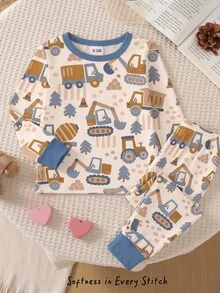 2 Pieces Baby Boy Tight Long Sleeve Pants, Comfortable Soft Cute Playful All-Over Print Pattern Loungewear, Best Gift For Baby Boy, Construction Vehicle Pattern, Versatile Fashion, Best Choice - Multicolor - View 2