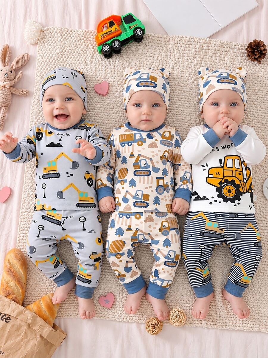 2 Pieces Baby Boy Tight Long Sleeve Pants, Comfortable Soft Cute Playful All-Over Print Pattern Loungewear, Best Gift For Baby Boy, Construction Vehicle Pattern, Versatile Fashion, Best Choice - Multicolor - View 1