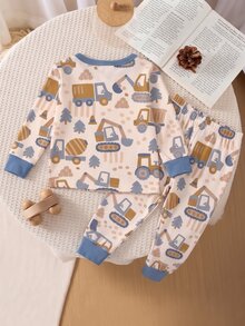 2 Pieces Baby Boy Tight Long Sleeve Pants, Comfortable Soft Cute Playful All-Over Print Pattern Loungewear, Best Gift For Baby Boy, Construction Vehicle Pattern, Versatile Fashion, Best Choice - Multicolor - View 3