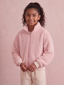 SHEIN Tween Girl' Stand Collar Zip-Up Fur Trim Jacket With All-Over Heart Pattern Print, Casual Cute Modest Top, Winter Clothes, Halloween, School Pink - Baby Pink - View 3