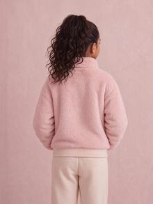 SHEIN Tween Girl' Stand Collar Zip-Up Fur Trim Jacket With All-Over Heart Pattern Print, Casual Cute Modest Top, Winter Clothes, Halloween, School Pink - Baby Pink - View 2
