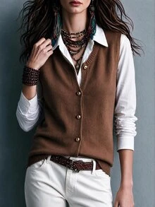 SHEIN Cardigan Tanpa Lengan Leher Bulat Cokelat dengan Kancing Emas untuk Wanita, Pakaian Luar Kasual Longgar, Lembut, dan Menawan untuk Beraktivitas di Luar Rumah, Atasan Modis - Coklat - View 5
