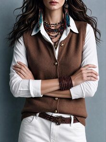 SHEIN Cardigan Tanpa Lengan Leher Bulat Cokelat dengan Kancing Emas untuk Wanita, Pakaian Luar Kasual Longgar, Lembut, dan Menawan untuk Beraktivitas di Luar Rumah, Atasan Modis - Coklat - View 6
