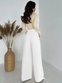 Firerie Elegant Casual Commuter Versatile Luxurious Vintage High Waist Pleated Wide Leg Long Pants, Autumn/Winter - White - View 3