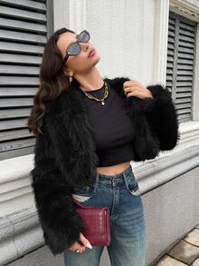 Firerie Women's Fashionable Elegant Minimalist Black Faux Fur Short Coat, New Arrival For Winter Evening Night - Black - View 6