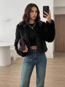 Firerie Women's Fashionable Elegant Minimalist Black Faux Fur Short Coat, New Arrival For Winter Evening Night - Black - View 1