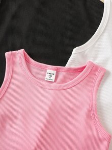 SHEIN 3件裝少女簡約時尚百搭圓領休閒背心，適合夏季度假旅行、學校校園大學海灘，黑色、白色、嬰兒粉色 - 彩色 - 查看 6