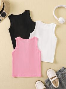 SHEIN 3件裝少女簡約時尚百搭圓領休閒背心，適合夏季度假旅行、學校校園大學海灘，黑色、白色、嬰兒粉色 - 彩色 - 查看 3