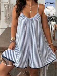 Travachic Plus Size Women's Striped Casual Everyday Camisole Romper - Blue - View 1