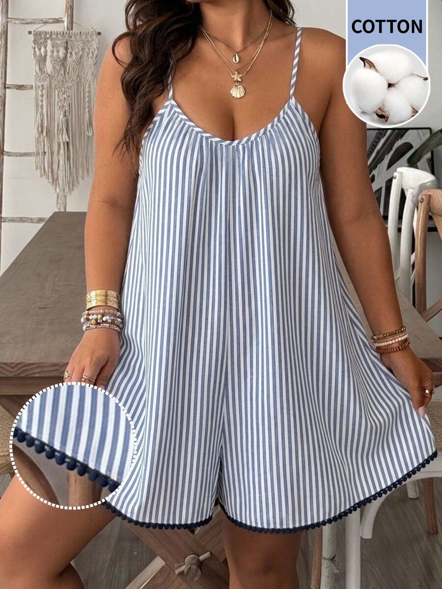 Travachic Plus Size Women's Striped Casual Everyday Camisole Romper - Blue - View 1