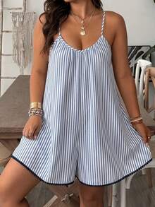 Travachic Plus Size Women's Striped Casual Everyday Camisole Romper - Blue - View 3