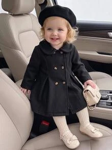 SHEIN Baby Girl Solid Color Double-Breasted Casual Versatile Autumn Overcoat - Black - View 1